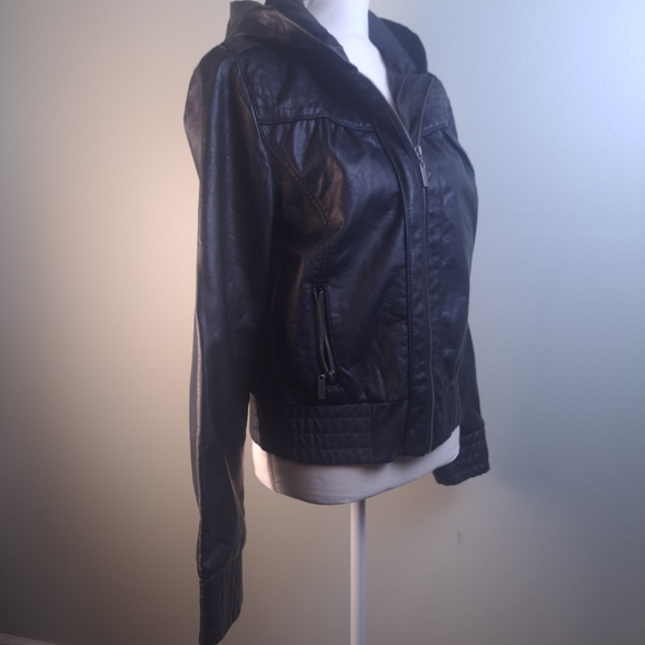 Paris Blues Black Faux Leather Jacket with hoodie Women's Size Large - Picture 2 of 16